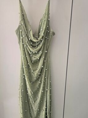 Windsor Sage Pearl-Embellished Draped Slip Dress
